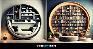 A modern take on the reading nook featuring a sleek black and white circular bookshelf that makes a statement of minimalist elegance.