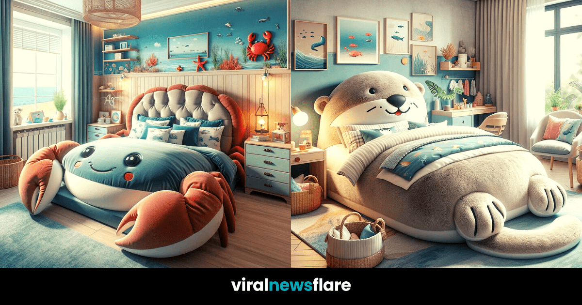A collage of children's bedrooms with marine animal-shaped beds, including an otter, whale, seal, and crab, with ocean-inspired decor.