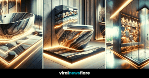 A luxurious bathroom suite showcases custom-designed epoxy bathroom fixtures with stone and wood accents, bathed in ambient lighting for a serene and upscale atmosphere.