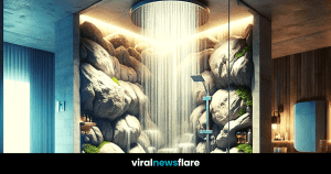 Luxury bathroom design featuring a natural stone waterfall shower with wood and greenery accents.