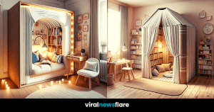 A serene compilation of three reading nooks ingeniously designed to replicate an immersive book-like experience, with plush seating and warm, inviting lighting.