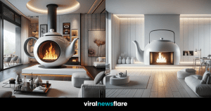 A contemporary living room featuring an oversized teapot-shaped fireplace with visible flames