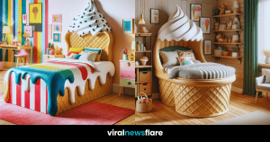 A whimsical ice cream-themed bed with a swirling soft-serve headboard in a pastel-themed children's room