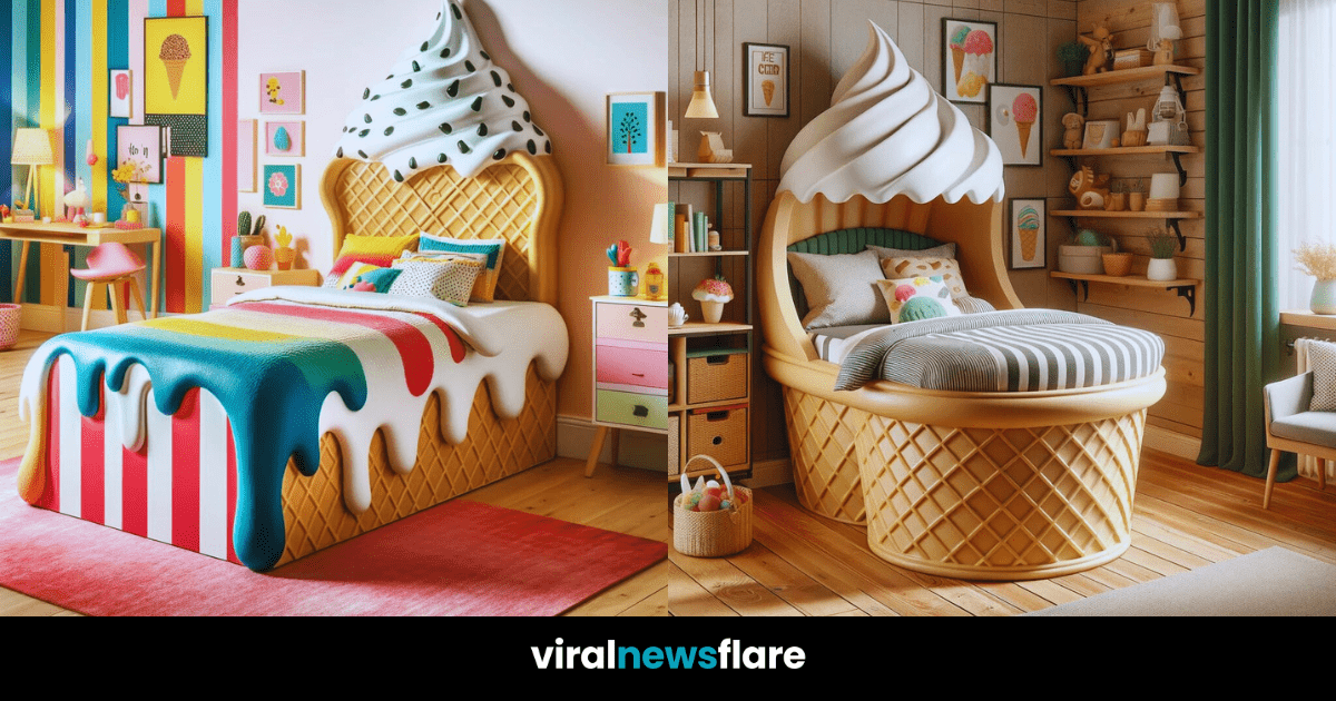 A whimsical ice cream-themed bed with a swirling soft-serve headboard in a pastel-themed children's room