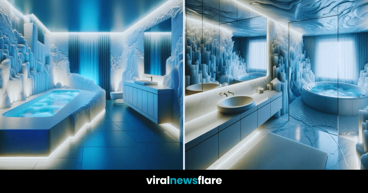 A composite image of luxurious bathrooms inspired by arctic ice caves with cool blue lighting