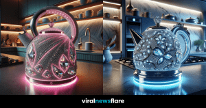 An opulent blue jewelled kettle with crystal embellishments on a modern kitchen counter, illuminated by an ambient blue light