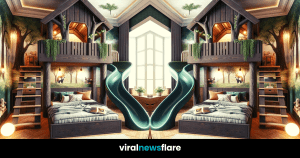 A cozy and inviting children's bedroom designed to resemble a forest treehouse, with enchanting murals and playful amenities.