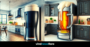 Illustration of a kitchen appliance in the form of a frothy beer mug seamlessly blending into a modern kitchen setting.