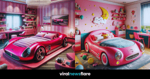 An opulent car-themed bedroom featuring a bed designed like a glossy, luxury sports car in a room accented with various shades of pink