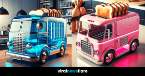 A collection of vintage truck toasters in various colors, each emitting a warm glow and ready to serve up toasted slices, set against the backdrop of stylish, modern kitchens.