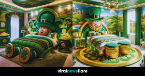 A lavish leprechaun-themed bedroom with a plush green bed, gold accents, and a backdrop of rolling Irish hills creating a dreamy escape