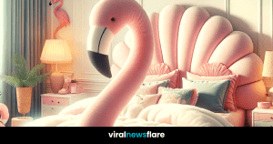 A luxurious and whimsical flamingo-shaped bed in a pastel-themed bedroom setting