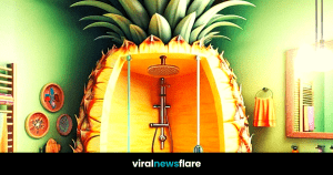 A creative and tropical-inspired shower shaped like a pineapple, featuring a wooden bench and a soothing rain shower system, enhancing the bathroom with a fun and fruity theme.