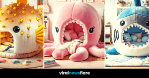 A child's playful bed shaped like a cartoonish shark, with a toothy smile and a cozy space inside for reading and sleeping.