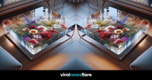 An artistically designed coffee table with a 3D floral resin art piece, creating the illusion of a blooming garden beneath the surface.