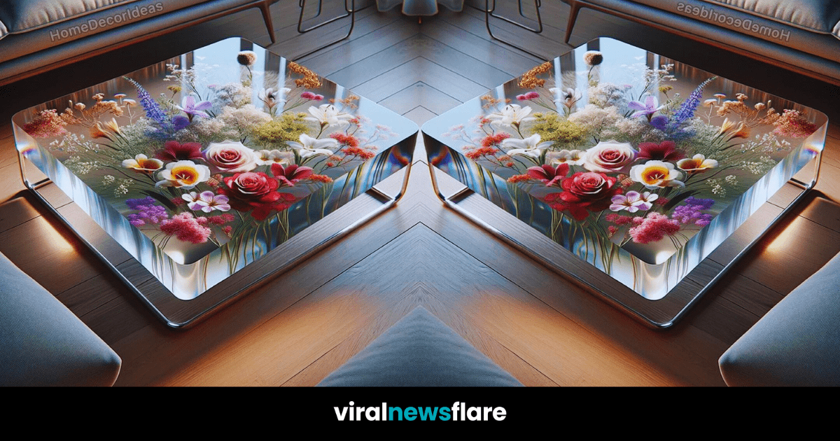 An artistically designed coffee table with a 3D floral resin art piece, creating the illusion of a blooming garden beneath the surface.