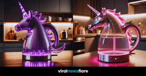 A collection of unicorn-shaped electric kettles in various colours with glowing lights, adding a magical and whimsical touch to kitchen decor.