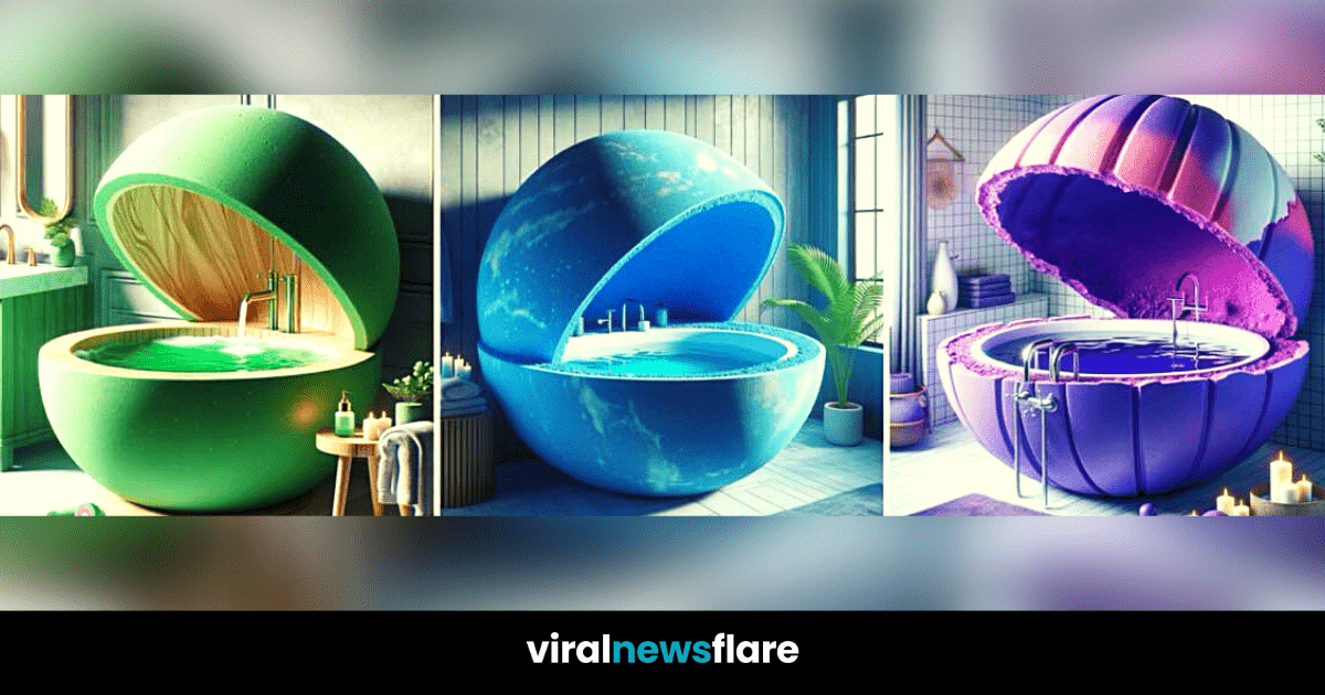 Colorful spherical bathtubs resembling bath bombs in pink, green, blue, and purple hues