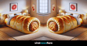 An innovative bedspread designed to resemble a giant sausage roll adds a humorous and delectable twist to the bedroom decor.