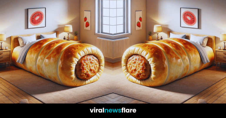 An innovative bedspread designed to resemble a giant sausage roll adds a humorous and delectable twist to the bedroom decor.