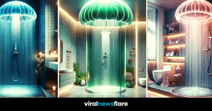 A serene bathroom with a green jellyfish shower, surrounded by natural wood accents and soft lighting, evoking a tranquil spa-like atmosphere.