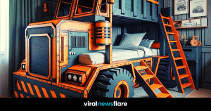 Children's bedroom featuring an elaborate orange and black truck-themed bunk bed with a realistic design, complete with wheels and headlights, set against a grey-panelled wall with vehicle-themed decor.