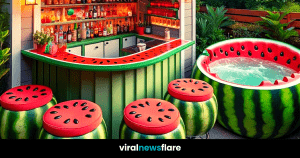A whimsical garden setting with watermelon-themed bar seating and a hot tub, perfect for a fun and fruity summer gathering