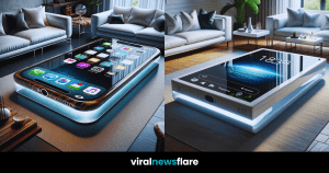 A collection of innovative living room designs featuring oversized smartphone coffee tables, representing a fusion of technology and home decor.