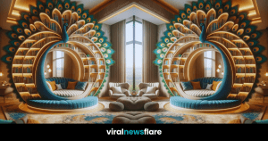 A luxurious reading nook inspired by a peacock, with bookshelves arranged as feathers and a cozy circular couch for a literary escape.