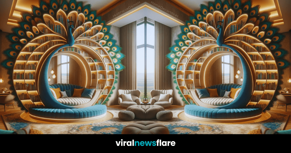 A luxurious reading nook inspired by a peacock, with bookshelves arranged as feathers and a cozy circular couch for a literary escape.