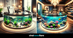 Luxurious office featuring a round desk integrated with a colorful aquarium, complete with marine flora and fauna, enhancing the room's tranquil ambiance.