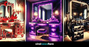 A lavish red and white vanity table with ornate crystal details and a luxurious baroque design, set against a classic room decor.