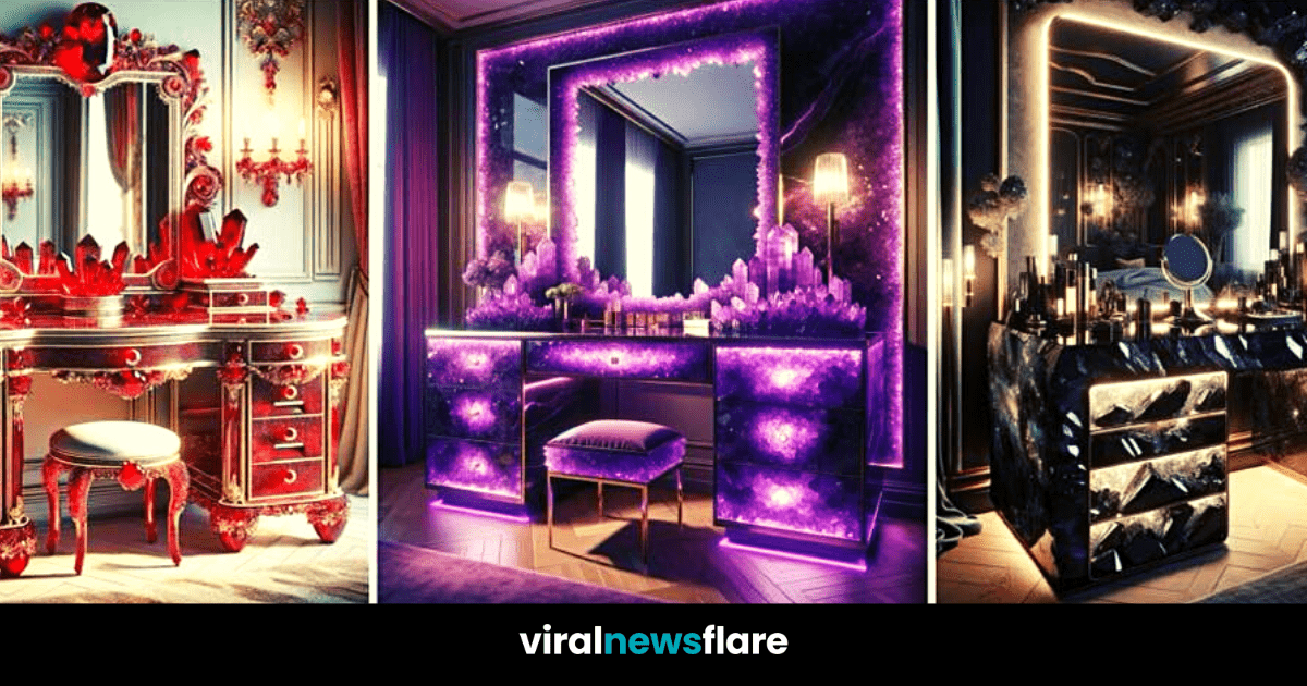 A lavish red and white vanity table with ornate crystal details and a luxurious baroque design, set against a classic room decor.