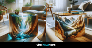 Epoxy resin art table with waterfall design in a sunlit living room, blending nature and interior design