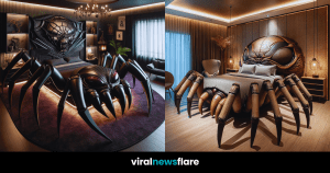 A luxurious bedroom with a commanding spider-themed bed, blending gothic elegance with modern design