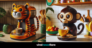 An adorable tiger-themed coffee machine brewing a fresh cup, adding a wild twist to kitchen decor.