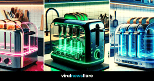 A stylish transparent toaster illuminated with green neon, toasting bread on a kitchen counter.