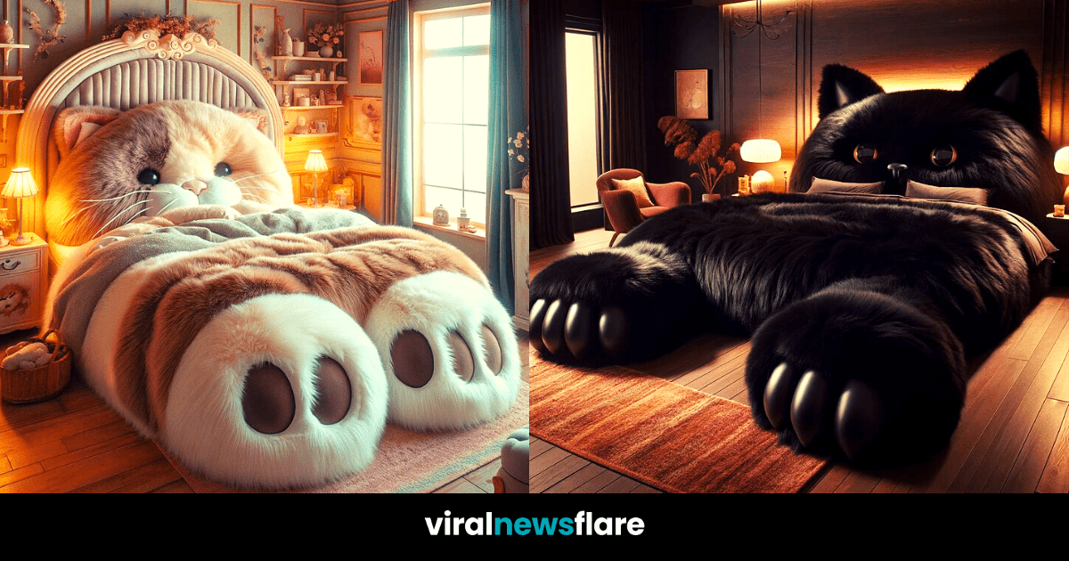 A collage showcasing a series of imaginative bedrooms with oversized cat beds as focal points, weaving together luxury and feline fancy.