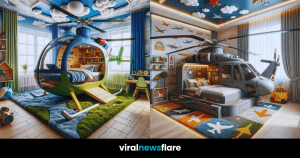 A collage of four children's bedrooms, each featuring a unique helicopter-themed bed design, blending the elements of aviation with youthful imagination.
