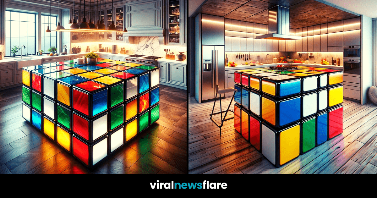 A vibrant Rubik's cube kitchen island stands as a centerpiece in a modern, stylish kitchen, introducing a playful twist to culinary spaces.