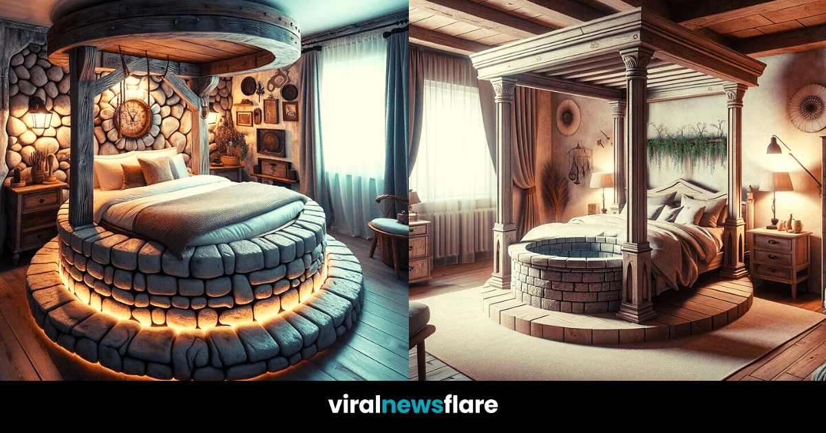A rustic bedroom featuring a unique well-inspired bed with wooden canopy, evoking a sense of timeless tranquility.