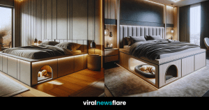 A chic and cozy bedroom that integrates a pet bed into its design, showcasing the perfect blend of style and pet-friendly living.