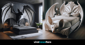 A stunning bed design with an intricate bat-like headboard in a serene bedroom setting