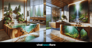 A modern bathroom featuring a bathtub with a forest scene, creating a peaceful woodland bathing experience.
