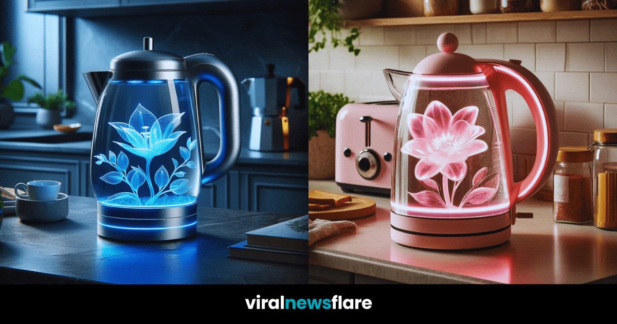 An elegant electric kettle on a kitchen counter, with a luminous blue light illuminating a detailed lotus flower design within the glass, merging practicality with peaceful design.