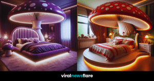 Two beautifully designed bedrooms with oversized mushroom canopy beds, one in a purple color scheme and the other in a vibrant red, evoking a magical woodland atmosphere.