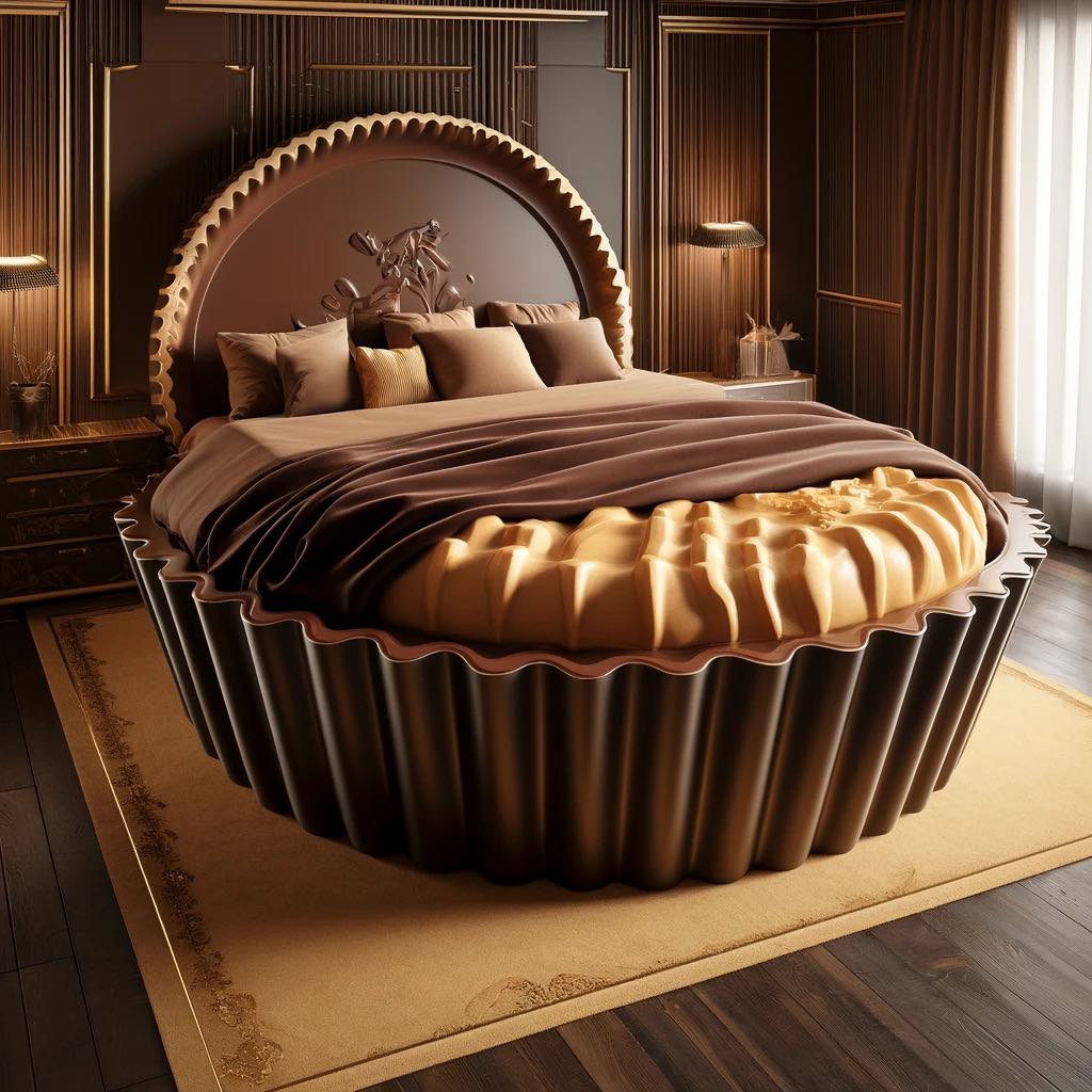 An opulent bedroom featuring a bed designed to resemble a dark chocolate dessert, harmonising with the rich wooden decor.