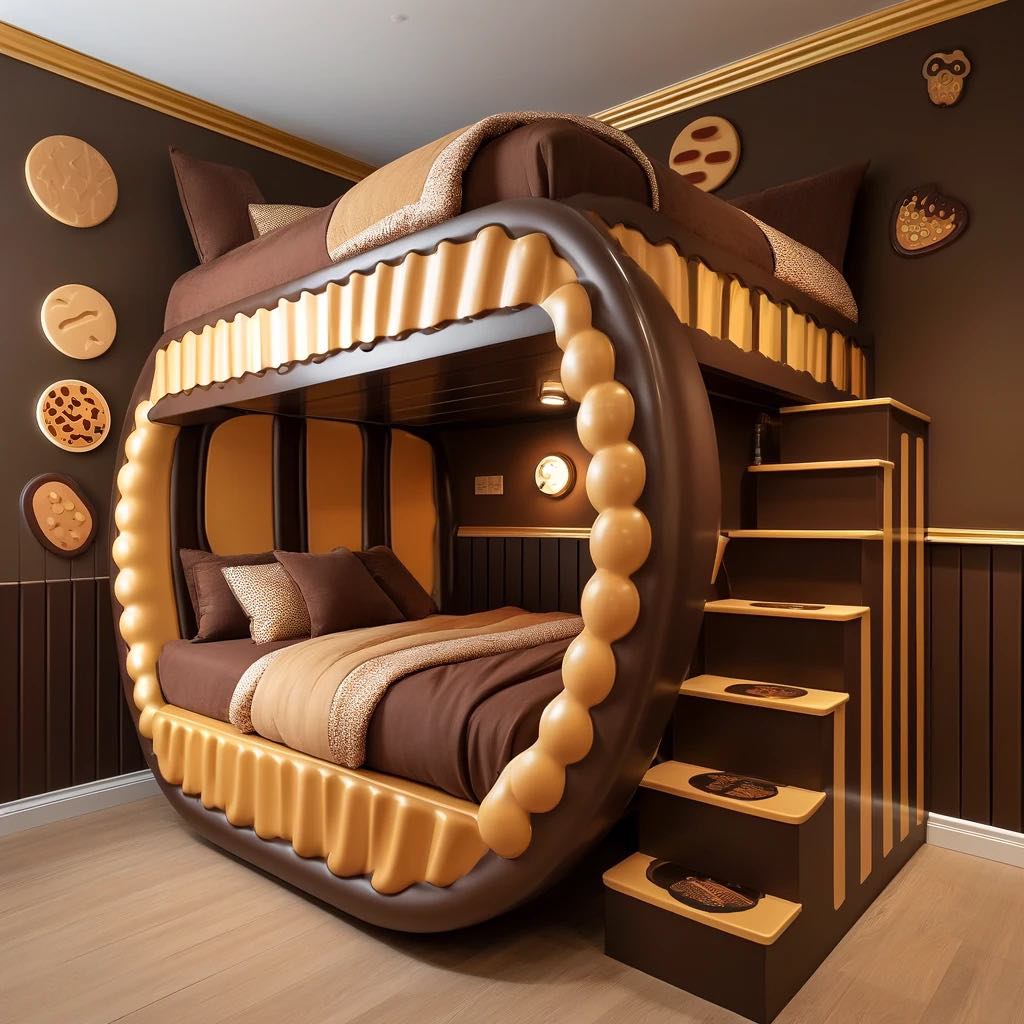 Playful bedroom featuring a bed inspired by chocolate chip cookies, offering a blend of style and sweet relaxation.