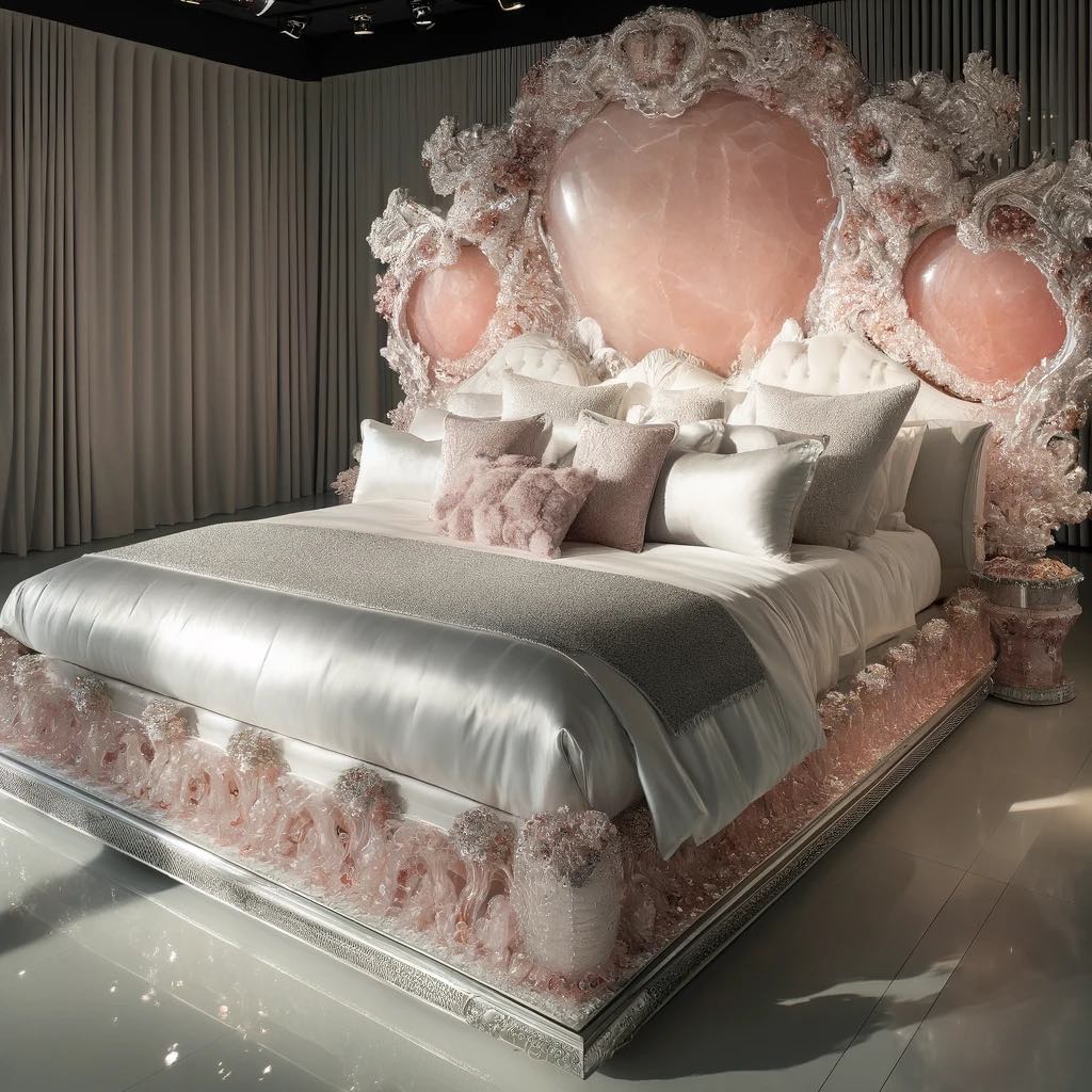 An opulent bed framed by a rose quartz-inspired headboard with heart-shaped gemstones and floral details, perfect for a romantic bedroom setting.