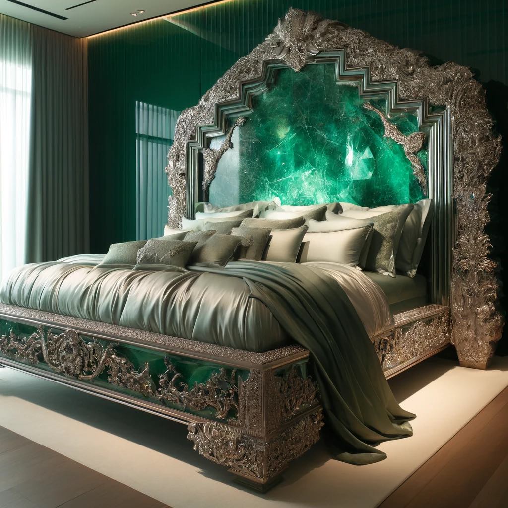 A majestic bed with a green emerald stone embedded in its ornate silver headboard, evoking the grandeur of ancient royalty.